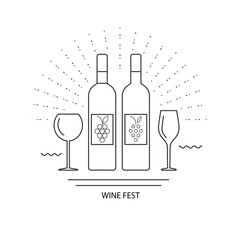 wine set, bottle and glass of wine. white and red. vector illustration.