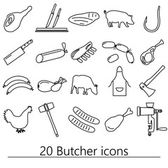butcher and meat shop black outline icons set eps10