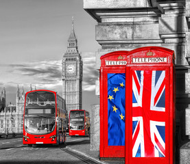 Obraz na płótnie Canvas European Union and British Union flag on phone booths against Big Ben in London, England, UK, Stay or leave, Brexit