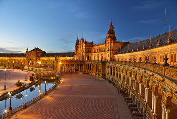 Night view of Spain Square (Plaza de Espana). Seville, Spain