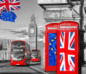 Fototapeta na wymiar European Union and British Union flag on phone booths against Big Ben in London, England, UK, Stay or leave, Brexit