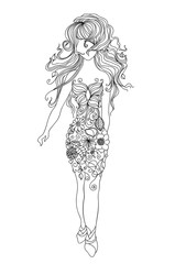 Vector illustration.Woman in flowers.Silhouette of a woman with long hair