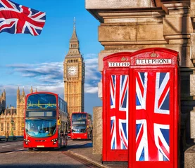 Foto op Canvas British Union flags on phone booths against Big Ben in London, England, UK © Tomas Marek