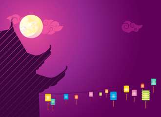 Full moon and hanging lanterns background for the Mid autumn festival or Chinese New Year
