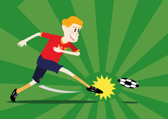 vector illustration cartoon of soccer player shooting a ball on the green soccer field background. soccer concept eps 10
