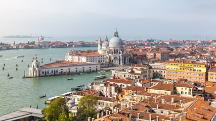 View from the top of San Marco bell tower of roman catholic church Santa Maria della Salute in Venice, Italy.