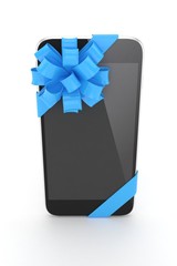Black phone with blue bow. 3D rendering.