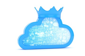 Isolated blue cloud icon with crown on white background. Symbol of communication, network and technology. Broadband. Online database. 3D rendering.