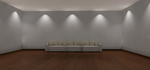Modern living-room interior with white couch near empty gray wall. 3d render