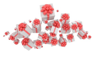 flying gift boxes on white. 3d rendering.