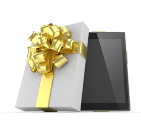 Tablet in white gift box with golden bow and ribbons on white. 3D rendering.