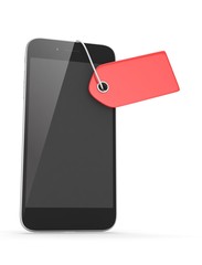 Smart phone with red price tag on white background. Identification, price, label. 3D rendering.