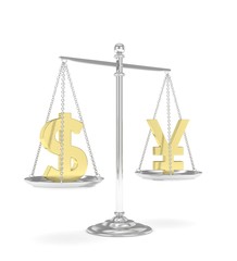 Isolated old fashioned pan scale with dollar and yuan,yen on white background. American and chinese and japanese currency. Currency equality. 3D rendering.