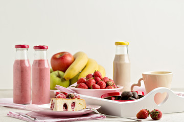 Breakfast. Strawberry cake and coffee, fruit and berries strawbe