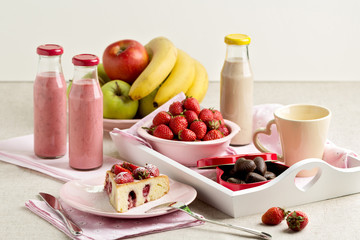 Breakfast. Strawberry cake and coffee, fruit and berries strawbe