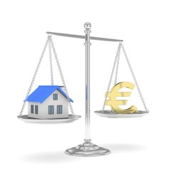 Isolated silver scales with golden euro and house on white background. Investment or savings concept. Real estate and currency. 3D rendering.