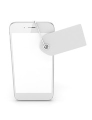 White smart phone with white price tag on white background. Identification, price, label. 3D rendering.