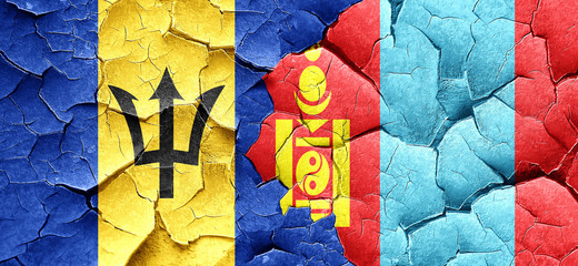 Barbados flag with Mongolia flag on a grunge cracked wall