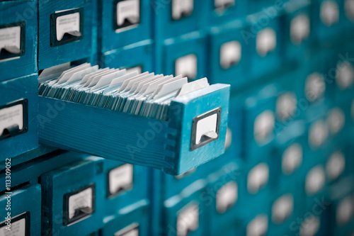 Old Library Or Archive Reference Catalogue With Opened Card Drawer