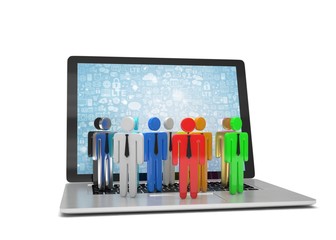 group of people figures on laptop, 3d render