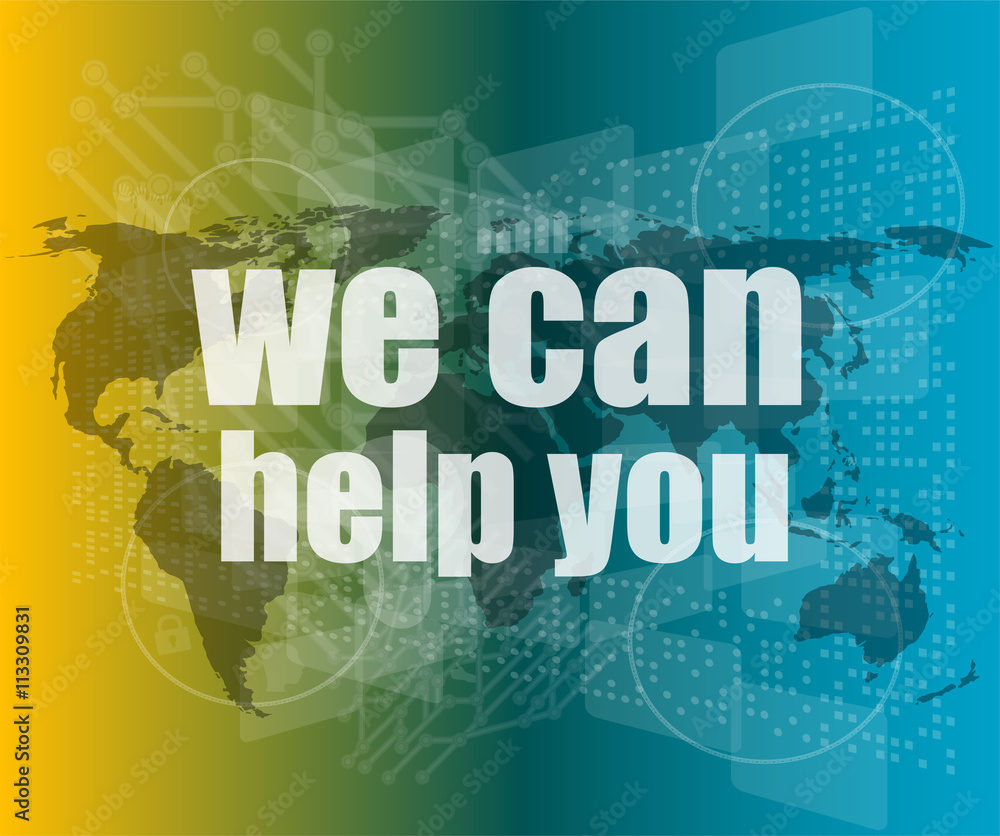 Aufkleber social concept: words we can help you on digital screen vector quotation marks with thin line speech