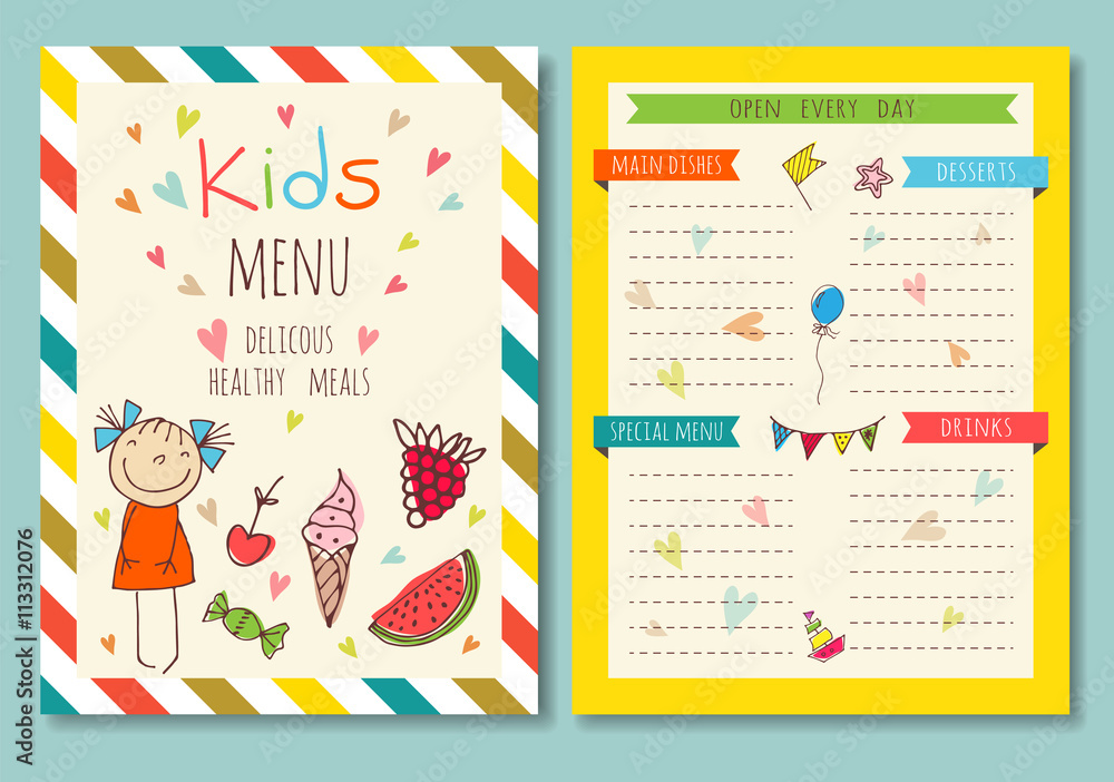 Wall mural cute colorful kids meal menu vector template