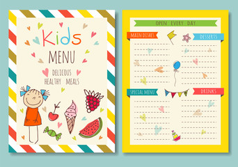 Cute colorful kids meal menu vector template