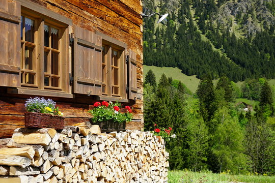 Fototapeta Fenster mit Blumen und Holzstapel von Berghütte 