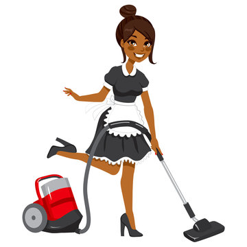Beautiful African American woman in vintage maid dress cleaning using red vacuum cleaner