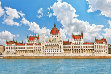 Fototapeta premium Hungarian Parliament at daytime. Budapest. View from Danube rive
