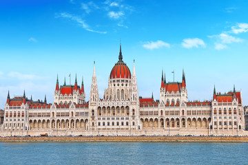 Fototapeta na wymiar Hungarian Parliament at daytime. Budapest. View from Danube rive