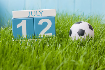 July 12th. Image of july 12 wooden color calendar on greengrass lawn background. Summer day, empty space for text