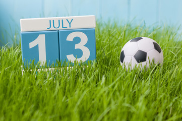 July 13th. Image of july 13 wooden color calendar on greengrass lawn background. Summer day, empty space for text