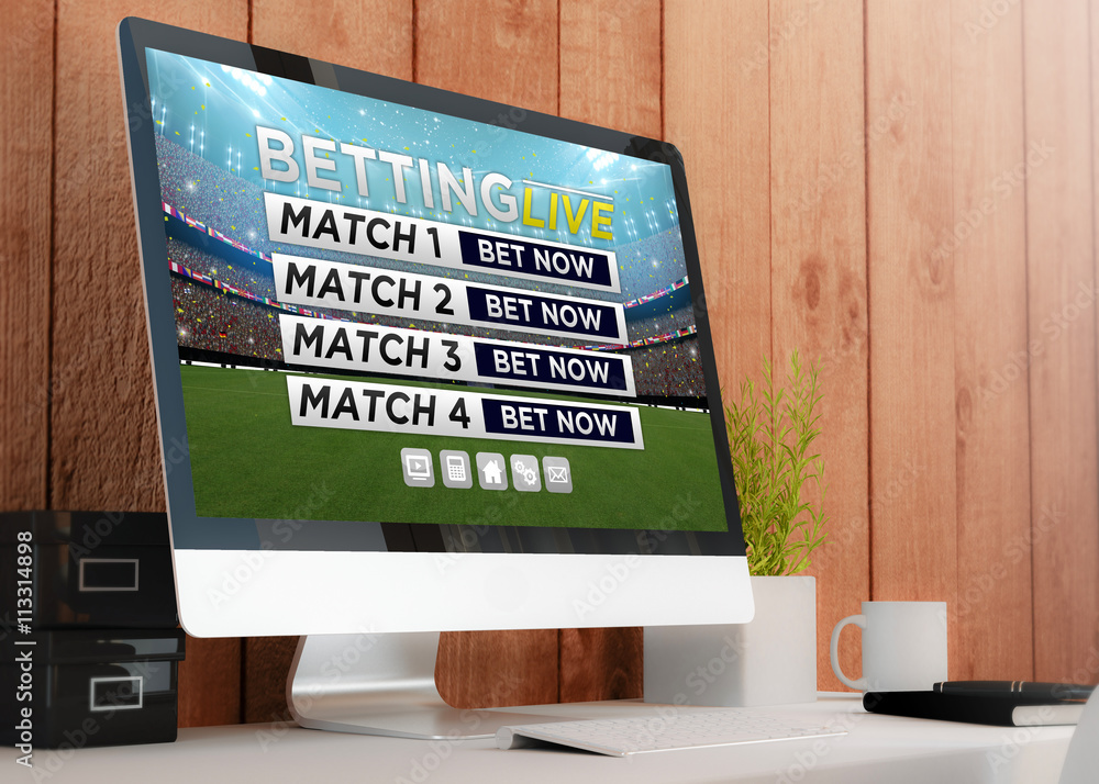 Poster modern workspace with computer showing betting live website