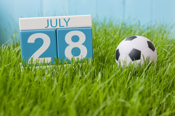 July 28th. Image of july 28 wooden color calendar on greengrass lawn background. Summer day, empty space for text