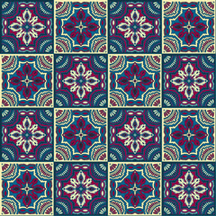 Hand drawing seamless pattern for tile in in dark blue, purple and yellow colors.