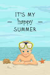 Vector banner summer sea beach vacation with the inscription. Smiling baby boy lying on sea shore
