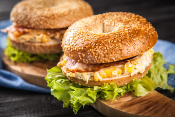 Bagel with bacon and egg