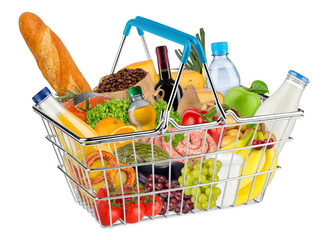 shopping basket filled with fresh tasty food / Einkaufskorb gefüllt mit frischen leckeren Lebensmitteln
