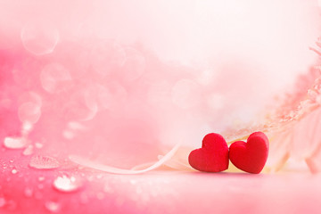 The red Heart shapes with rain drop and soft flower background i © Cozine