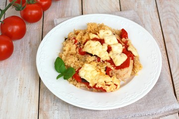 Chicken fillet withe potatoes, cheese, basil and couscous