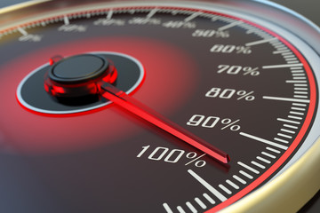 Quality and efficiency business concept, target achievement, car dashboard speedometer with red arrow approach to 100 percent sign
