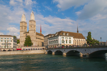 View of Grossmunster Church, townhall and bridge in Zurich, Switzerland