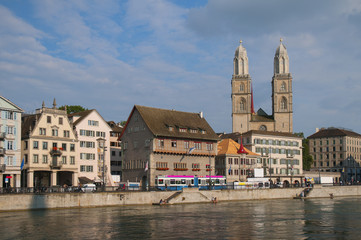 Fototapeta na wymiar Zurich old city view from embankment of Limmat river