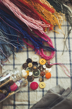Directly above shot of sewing material on table
