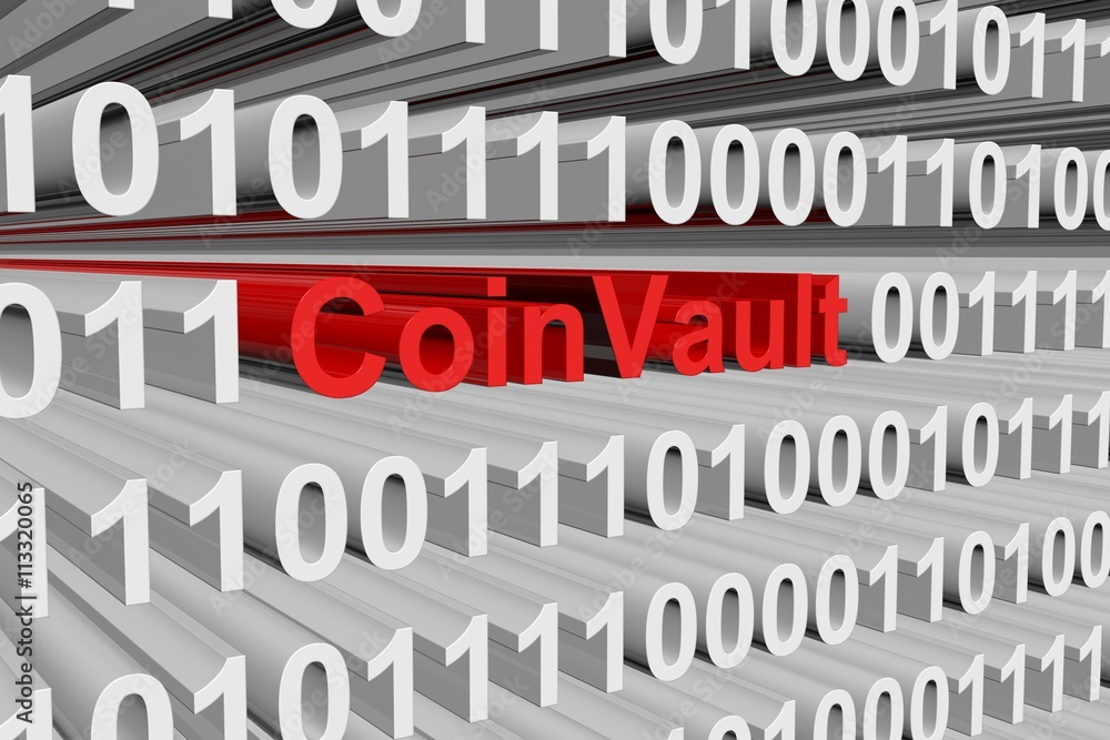 Poster coinvault in the form of binary code, 3d illustration