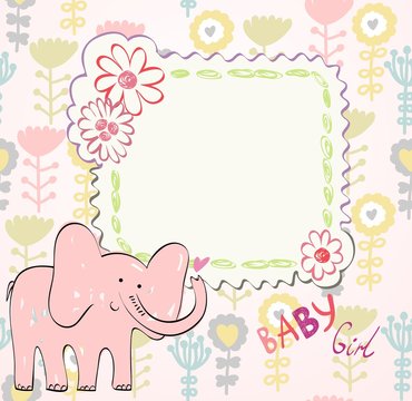 Hand Drawn Illustration With Pink Baby Elephant.