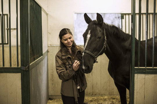 Young woman with horse in a stable