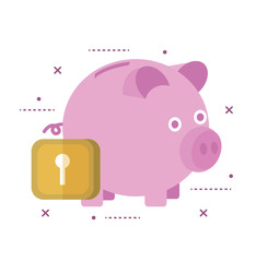 Piggy bank secured with lock. flat line design vector 