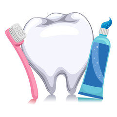 Vector Illustration of white tooth, toothbrush and Toothpaste
